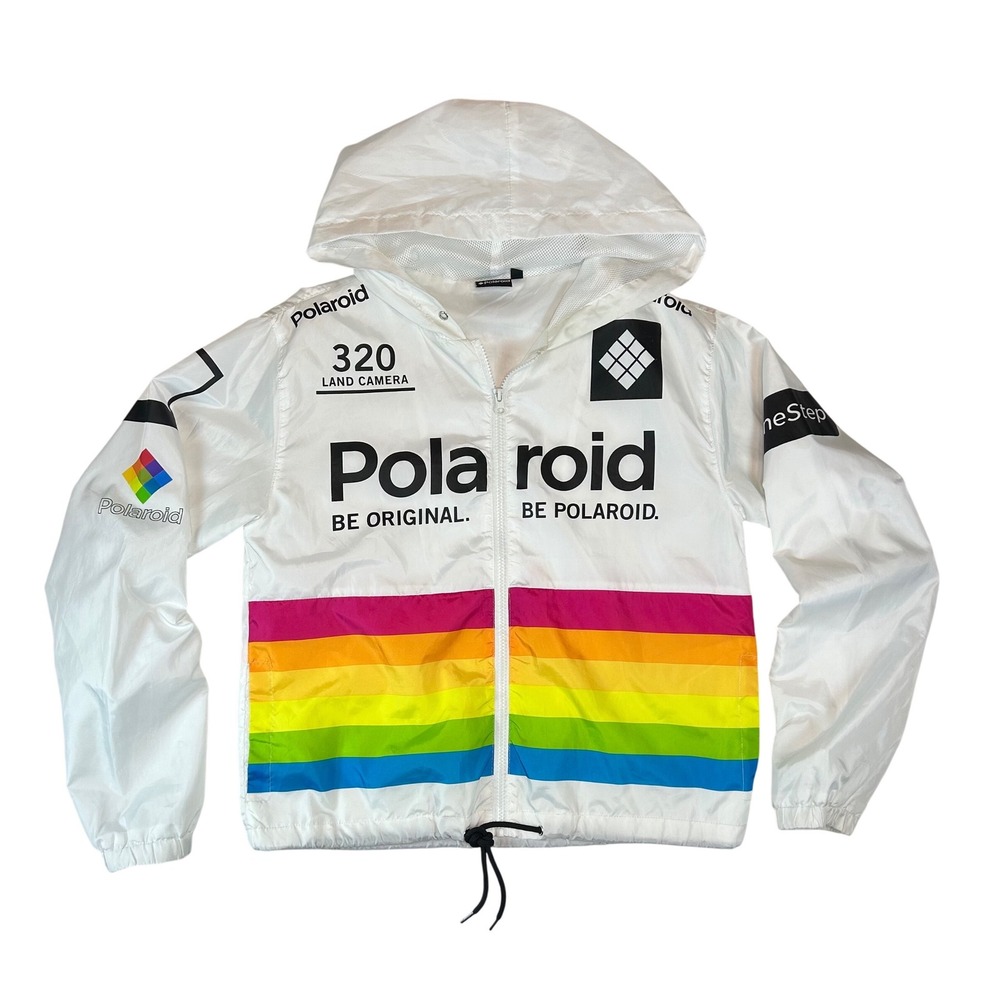 Polaroid OneStep Rainbow Stripe Windbreaker Jacket White Mens Medium Hooded‎ Zip